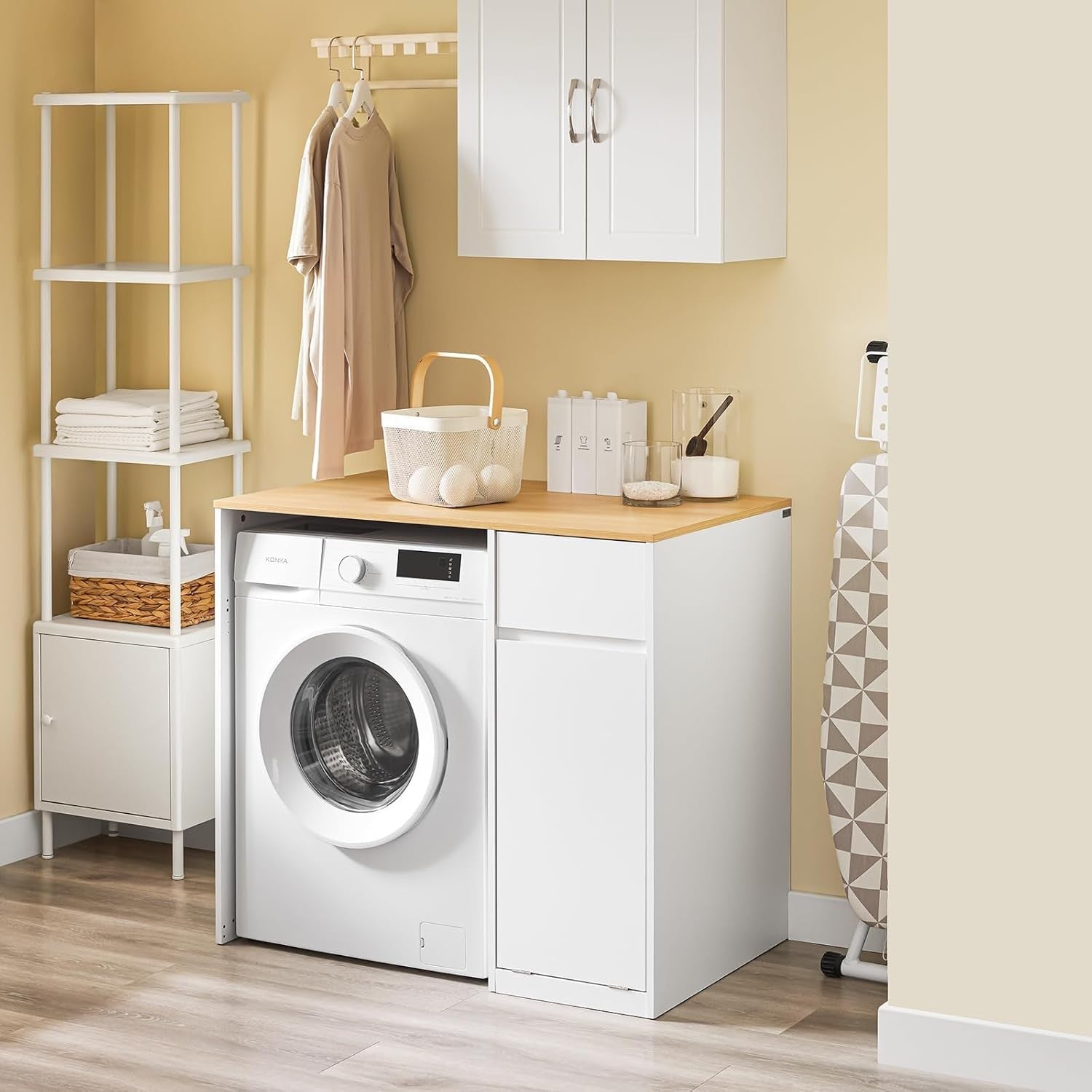 Washing Machine Cabinet with Laundry Basket Drawer Storage Unit White