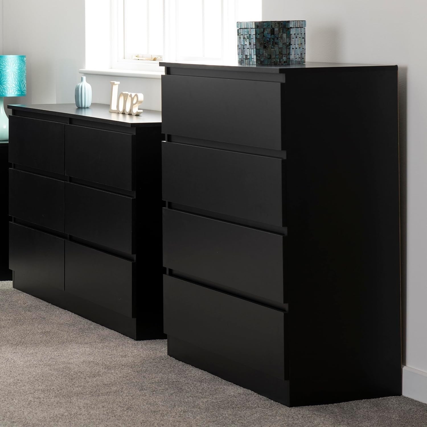 Black 4 Drawer Chest Storage Cabinet Engineered Wood Bedroom Organizer