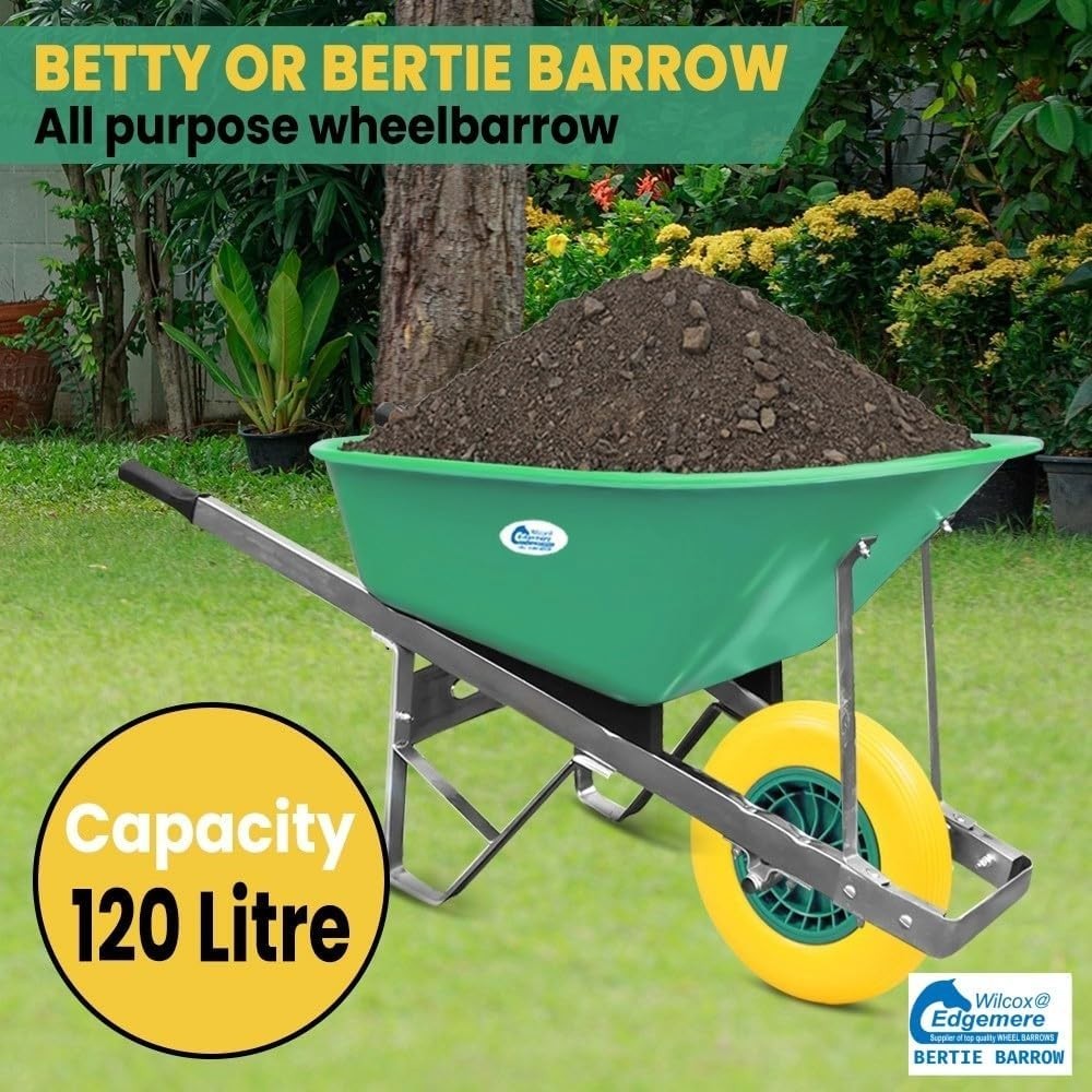 120L Garden Wheelbarrow – Green/Yellow – PU Tubeless Tyre Heavy Duty Frame