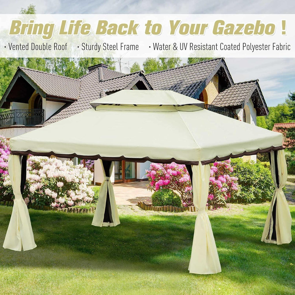 4x3M Aluminum Garden Gazebo Double Roof Canopy with Curtains & Netting