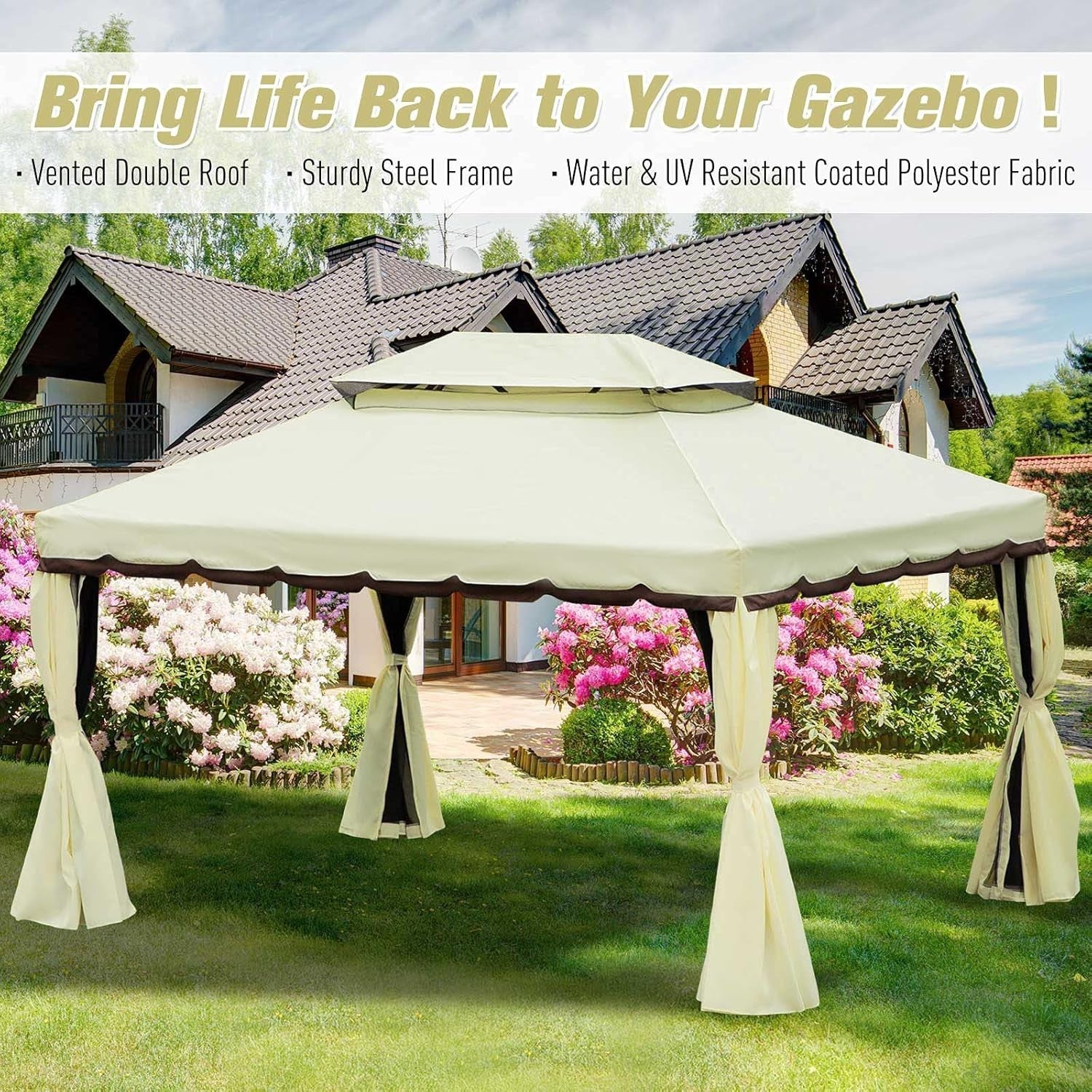 4x3M Aluminum Garden Gazebo Double Roof Canopy with Curtains & Netting