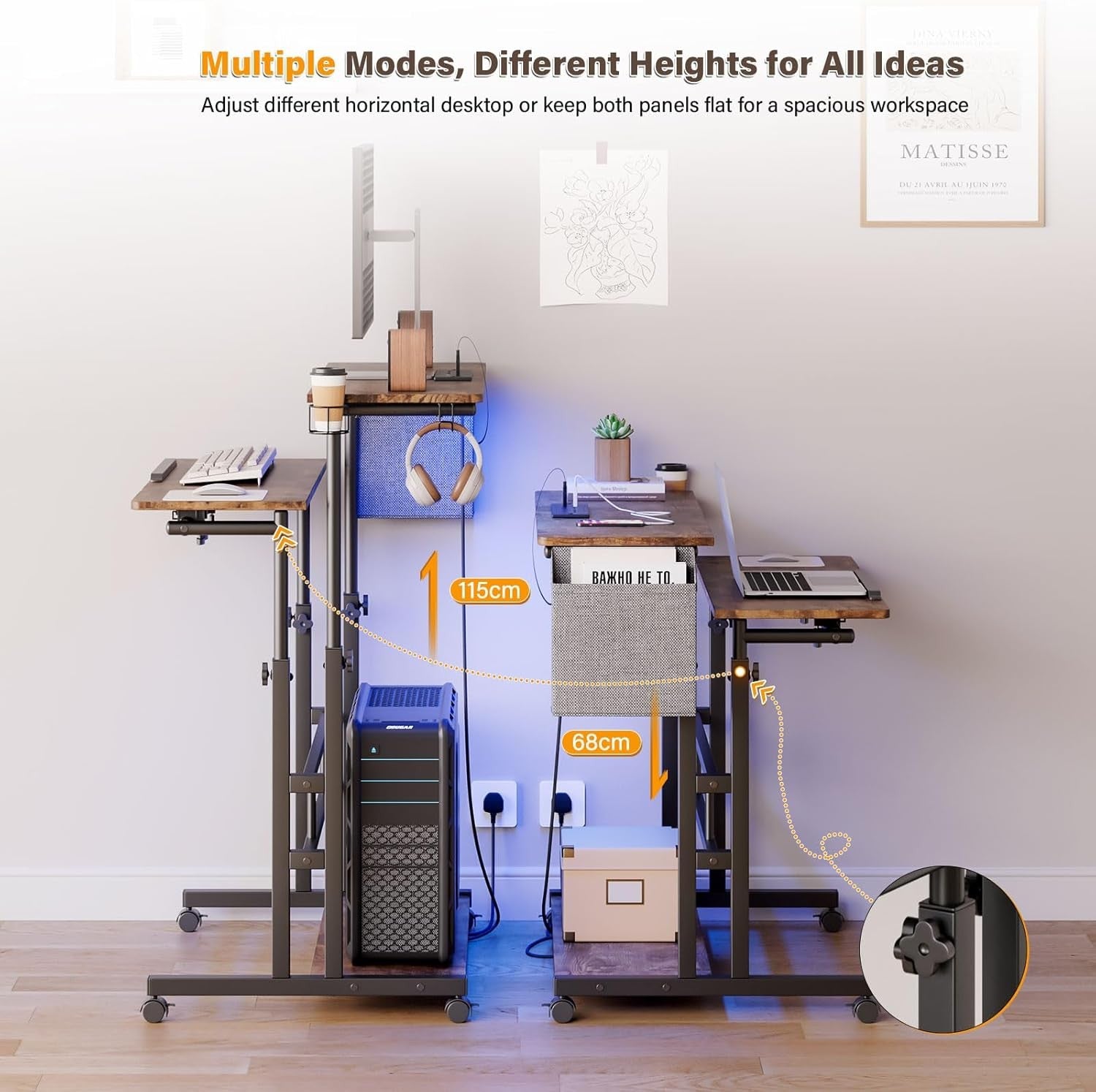 Height Adjustable Standing Desk with Power Outlets Rolling Stand Table