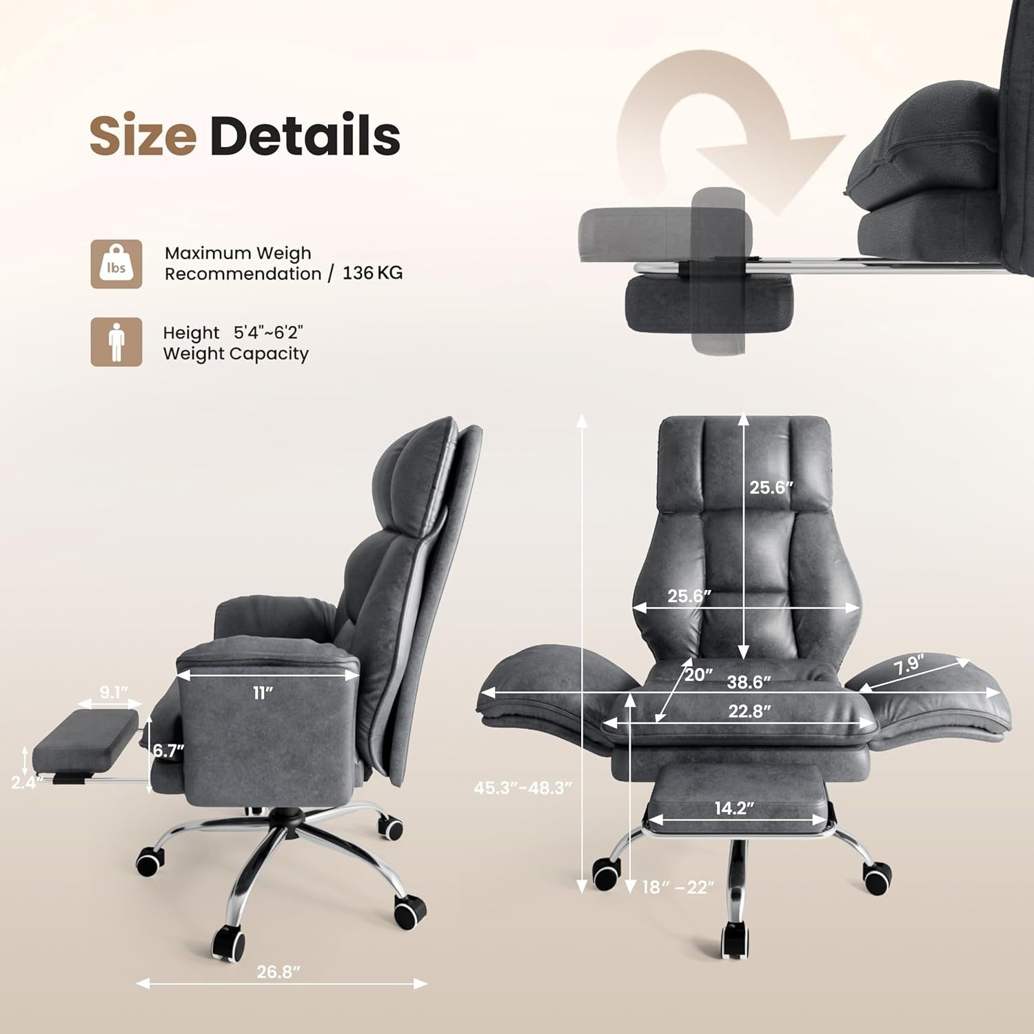 Oversized Office Chair Recliner Big & Tall 400 lbs Flip Armrests Cross Leg Sit