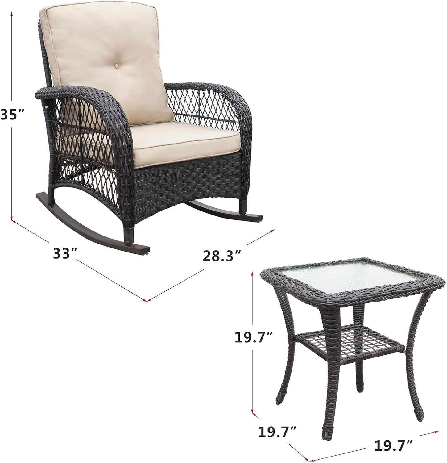 3pc Rattan Rocking Chair Bistro Set w/ Cushions & Glass Table Patio Garden