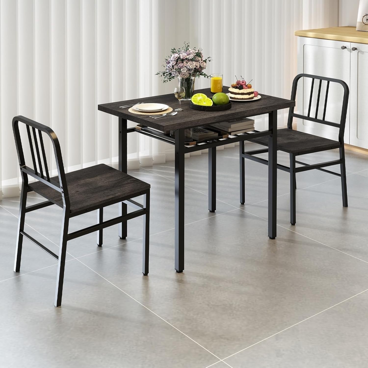 Rectangular 3-Piece Kitchen Dining Set with Storage Rack & Adjustable Feet