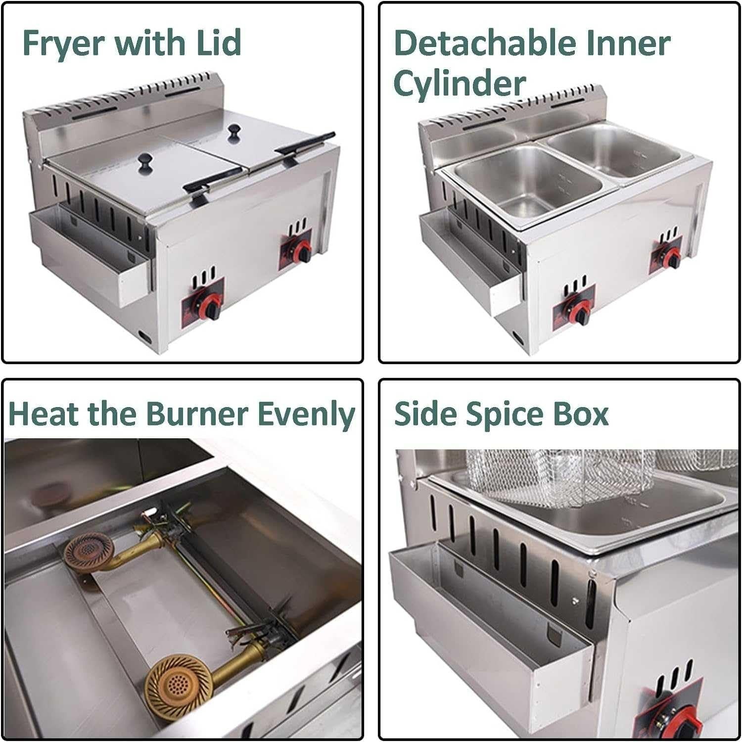 Commercial Gas Deep Fryer Stainless Steel Desktop LPG Fryer Basket Lid