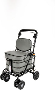 Premium 6 Wheel Shopping Trolley With Seat Backrest Walking Aid Grey