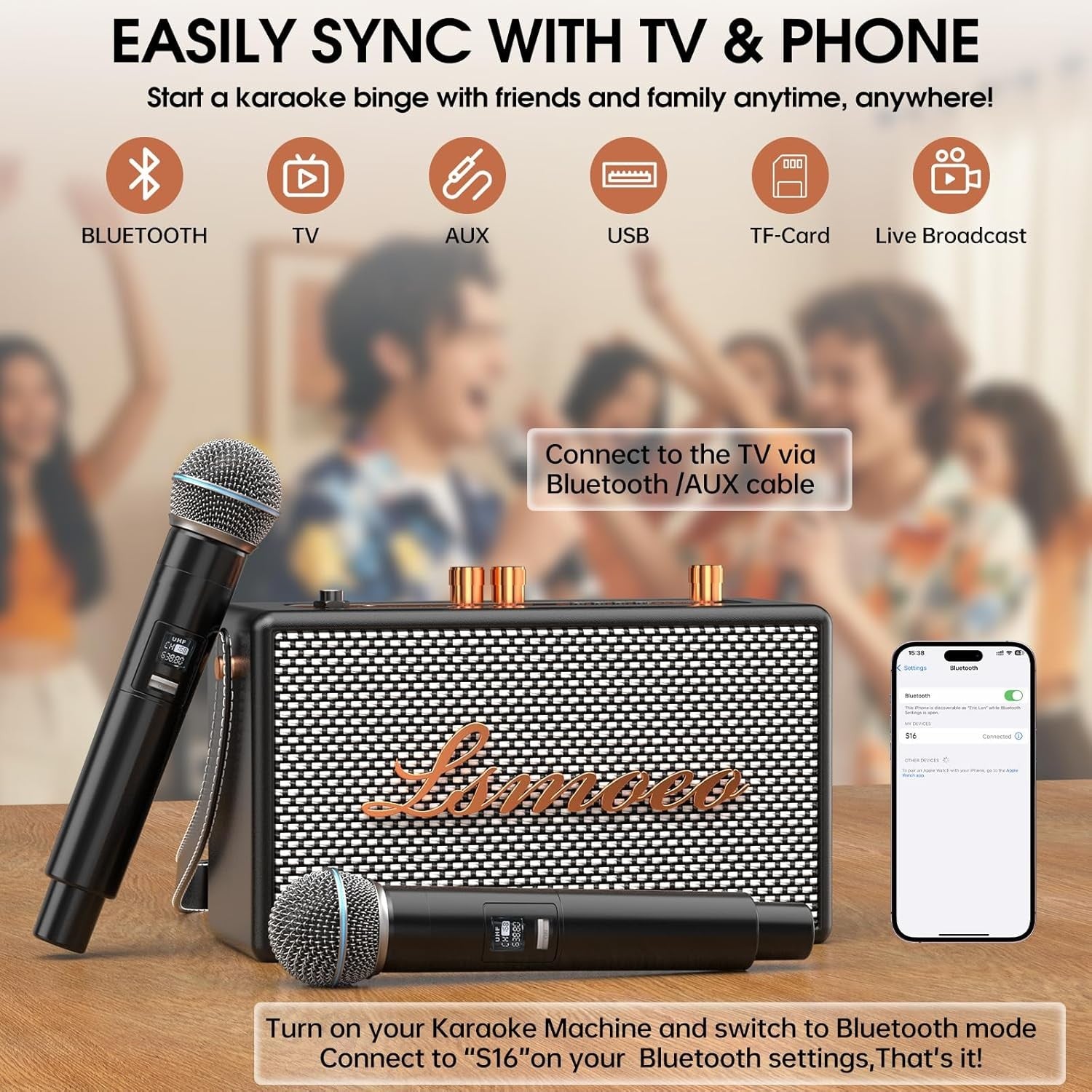 Portable Karaoke Machine Black 2 Wireless Mics Party Speaker