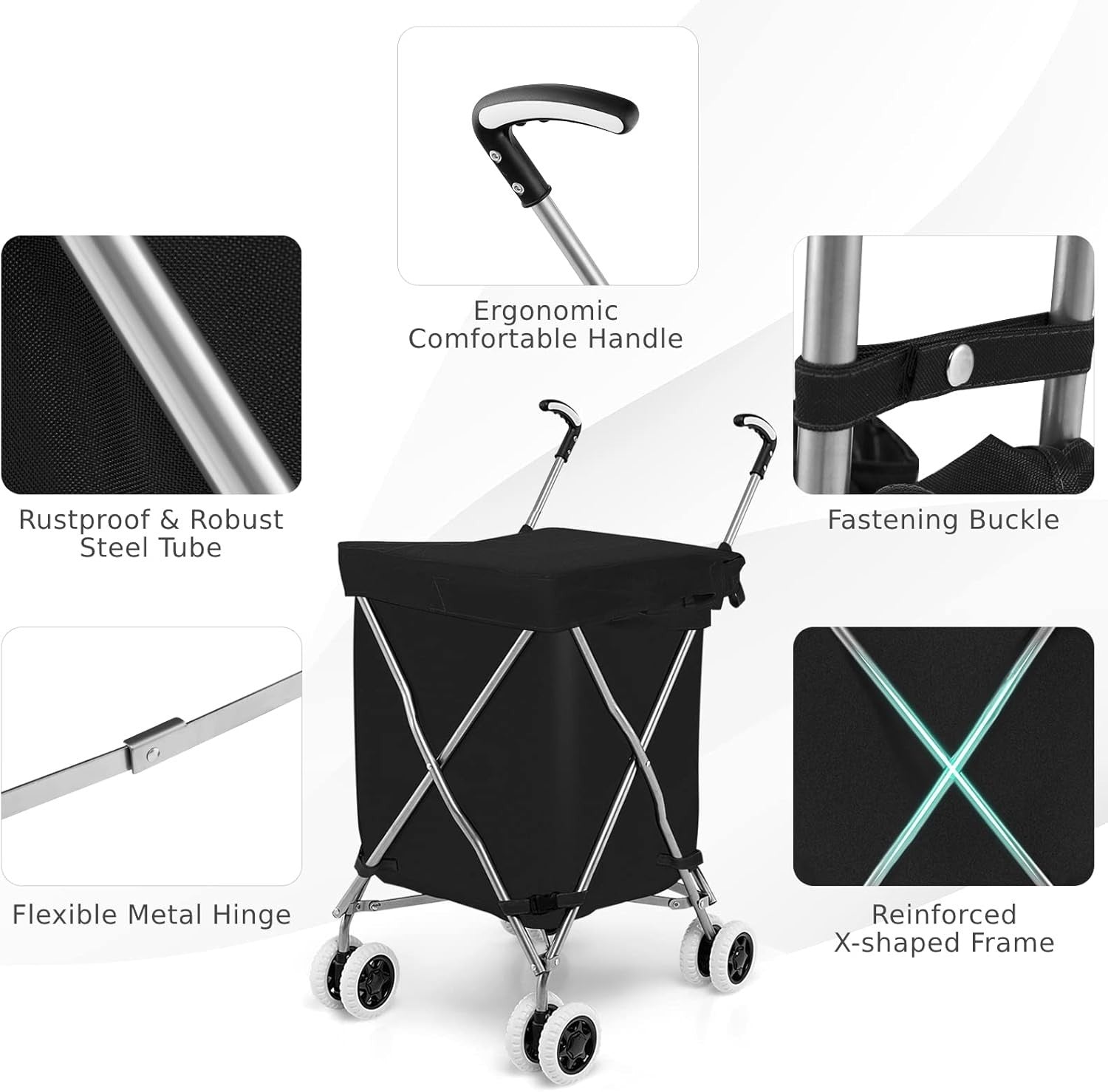 90L Folding Shopping Cart 8 Wheels Waterproof Grocery Trolley Black