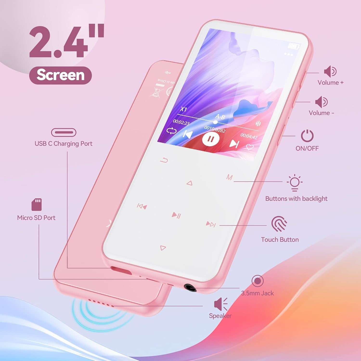 64GB MP3 Player Bluetooth 5.3 2.4" Screen FM Speaker Pink