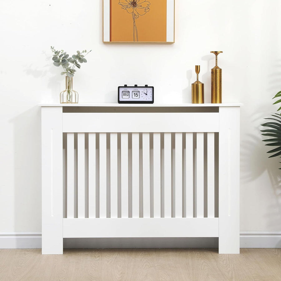 Medium White Radiator Cover MDF Slatted Grill Cabinet – Decorative Heater Shelf