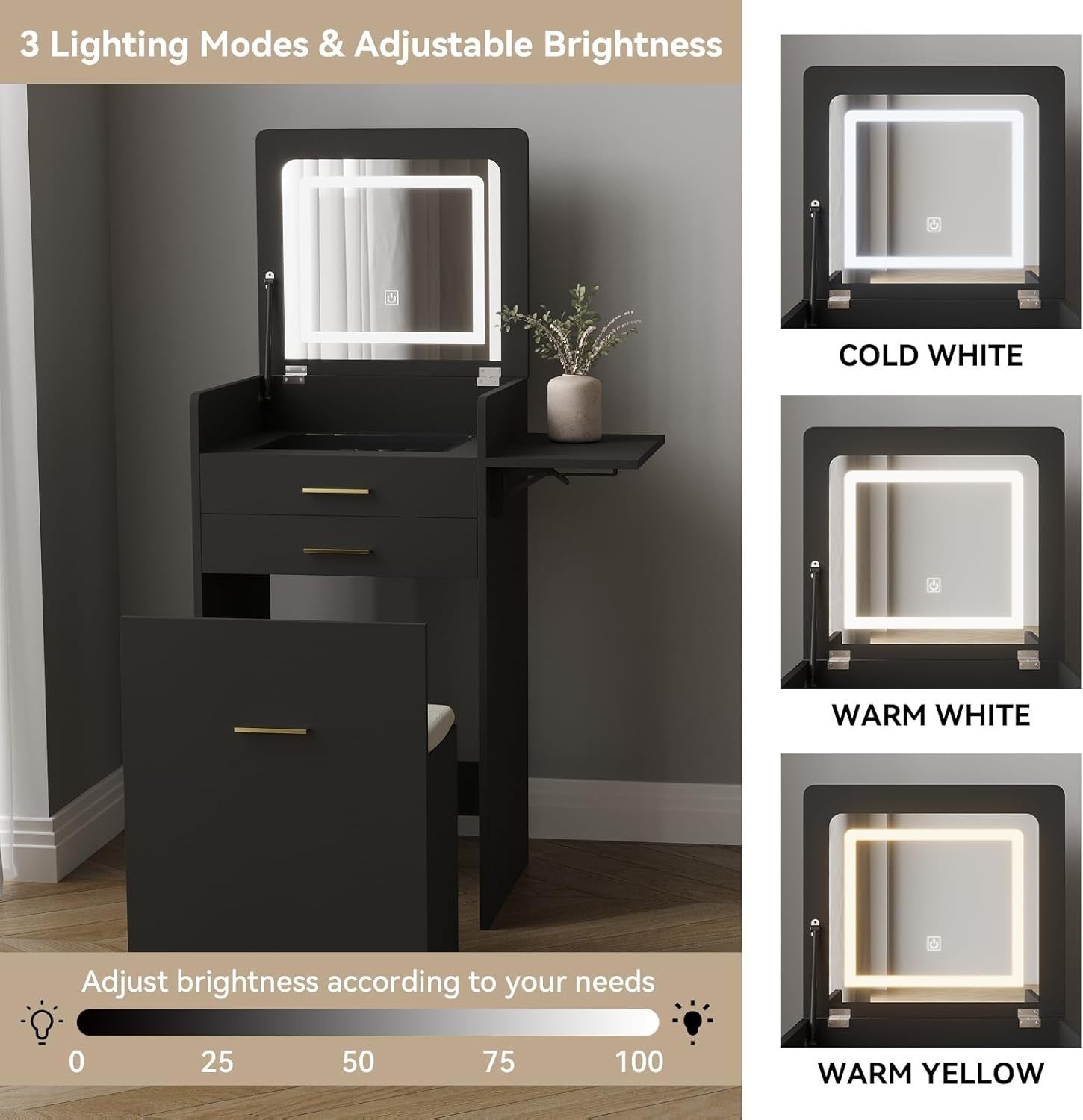 Black Foldable Vanity Desk w/ Lighted Mirror & Stool Small Space 2 Drawers