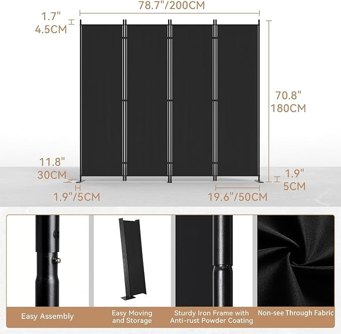 4-Panel 6FT Folding Room Divider Black Privacy Screen Partition Wall Office