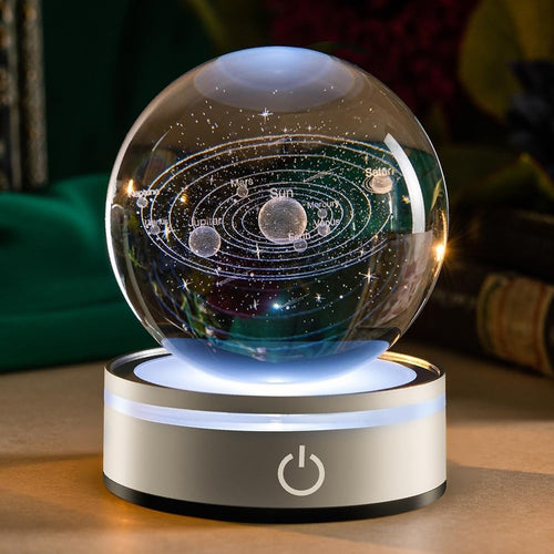 3D Solar System Crystal Ball with LED Stand • Space Gift • Engraved Planets