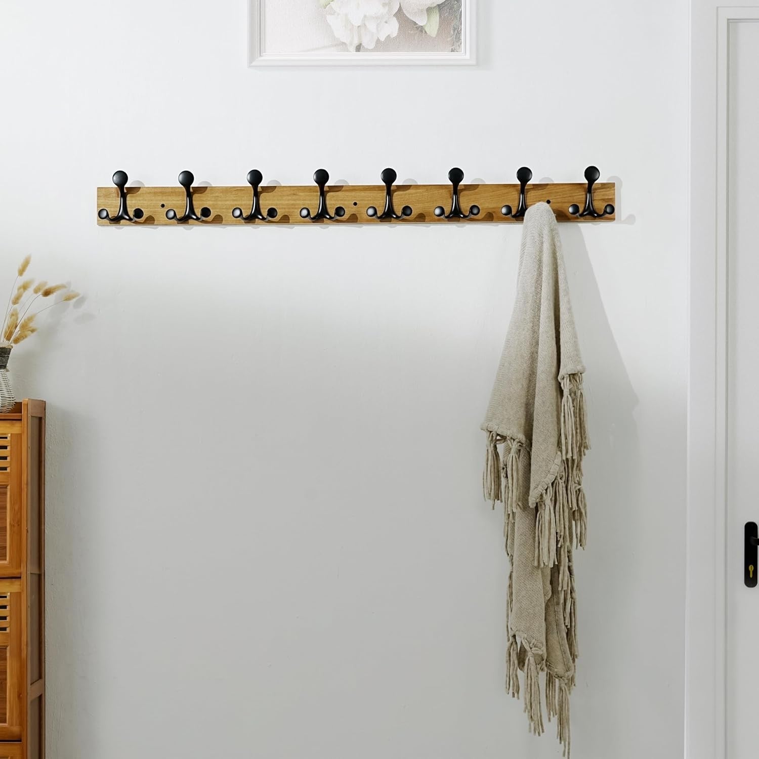 Light Brown Wall Coat Rack 8 Triple Hooks | Rustic Wood Hanging Rail 43
