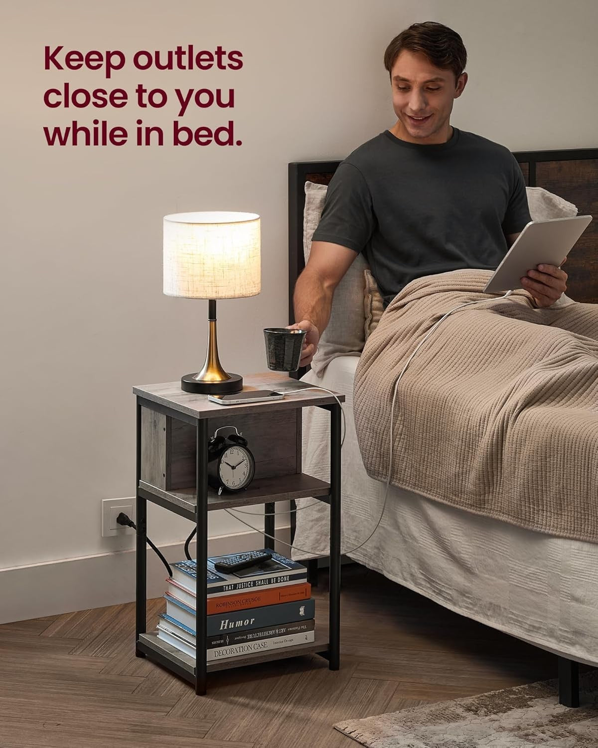 Narrow Side Table with USB & AC Charging Ports, 3-Tier 30x34x58cm Table