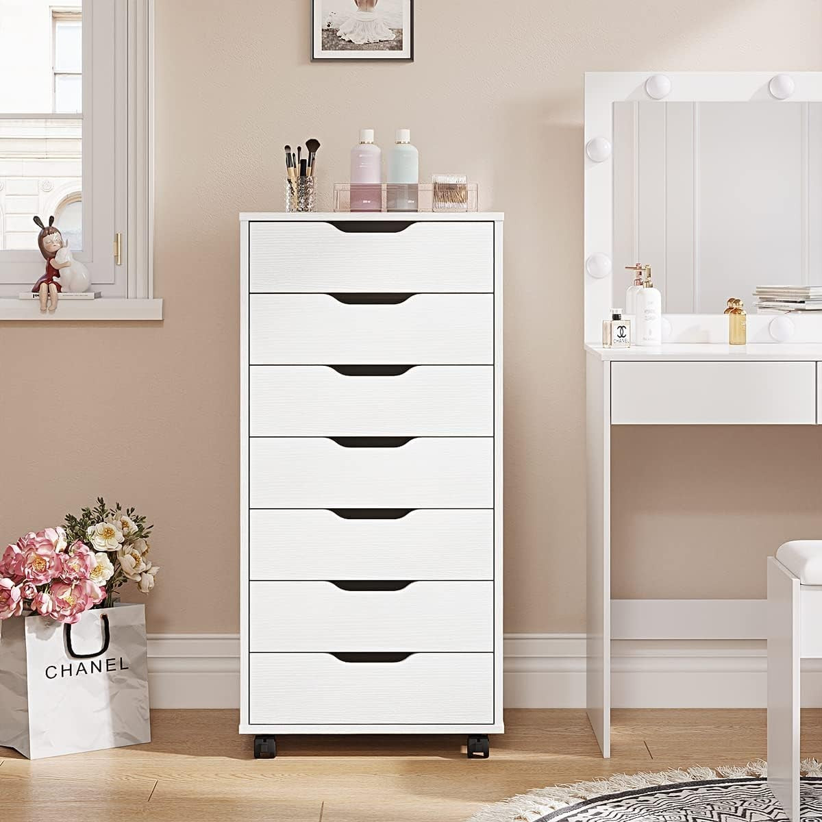7 Drawer Mobile Filing Cabinet with Wheels Office Storage Chest White