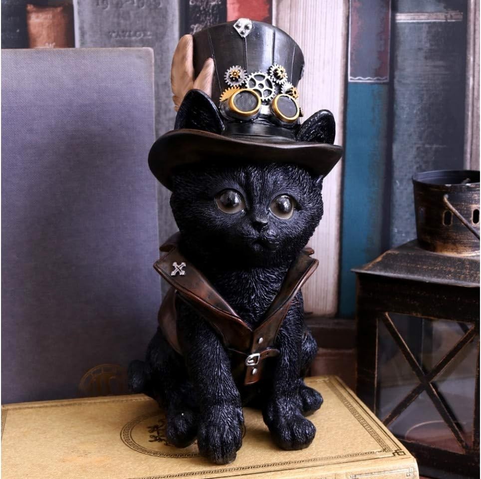 Steampunk Cat Figurine 18.5cm Resin Ornament Gothic Decor Hand Painted Statue