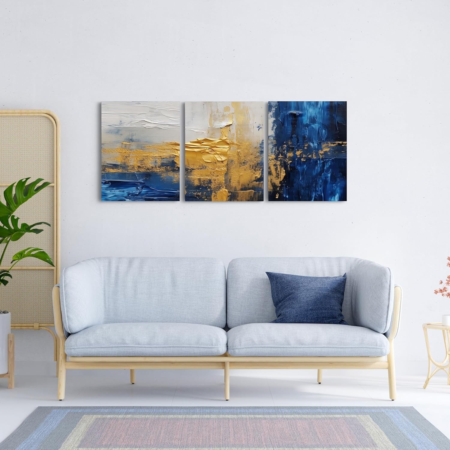 Abstract Blue & Gold 3‑Piece Canvas Wall Art Set Modern Marble Decor