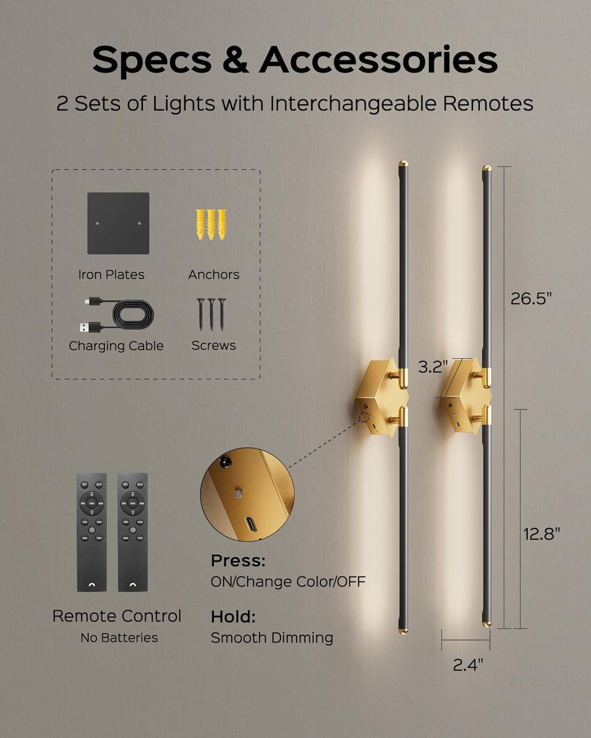 Rechargeable Magnetic Wall Lights with Remote, Dimmable 3 Colors, USB-C