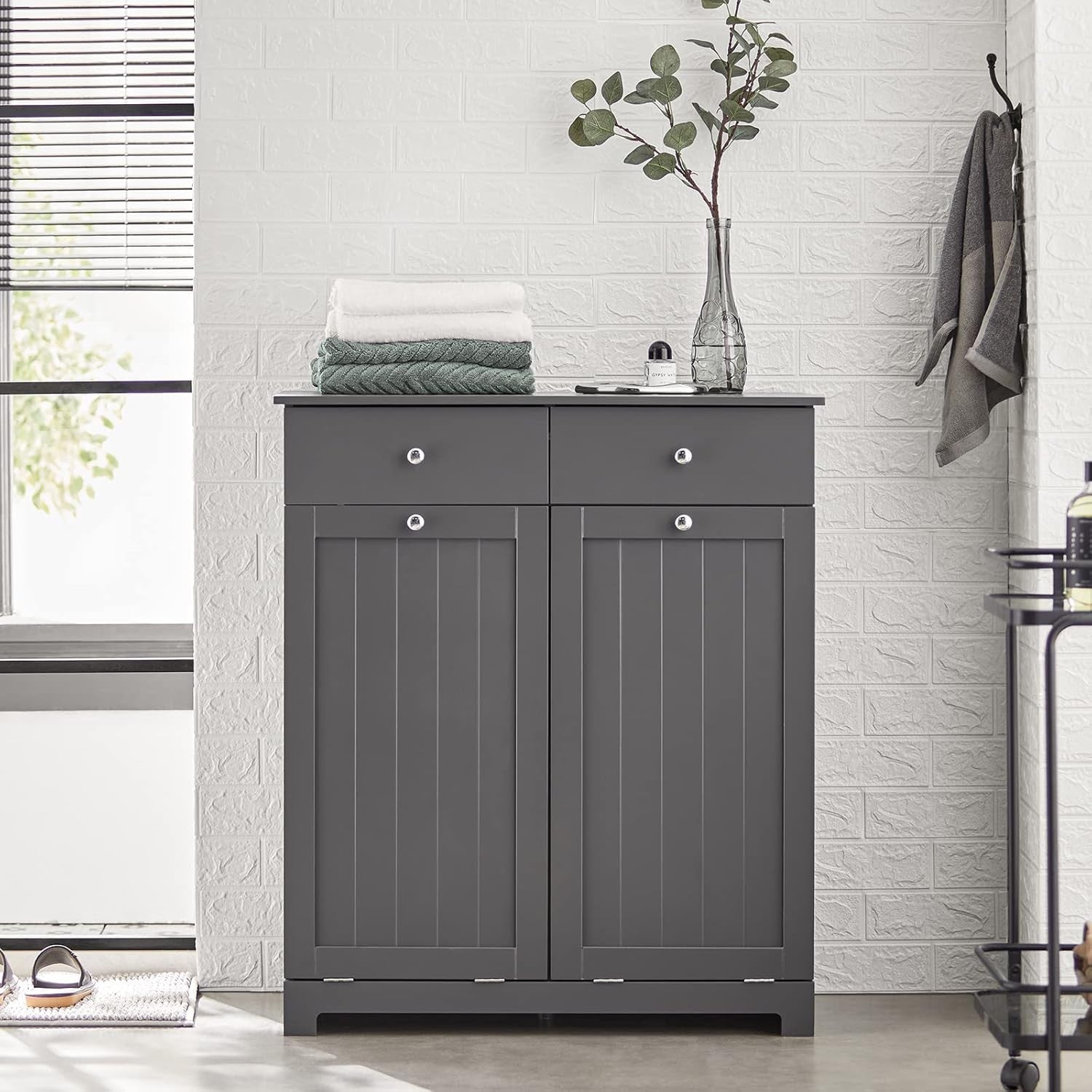 Bathroom Laundry Cabinet Storage Unit with Drawers & Baskets Grey MDF