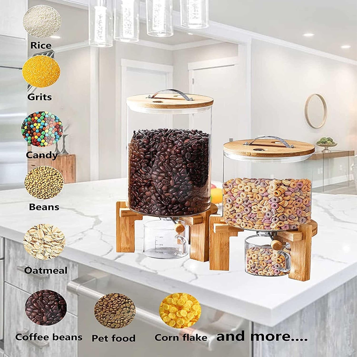 Glass Rice Dispenser 8L Airtight Storage Container Wooden Stand Bin