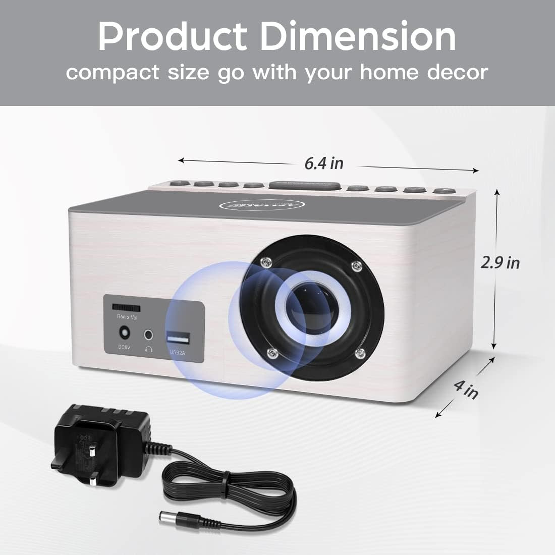 Wireless Charging Alarm Clock FM Radio USB Dimmable LED Wooden Bedside