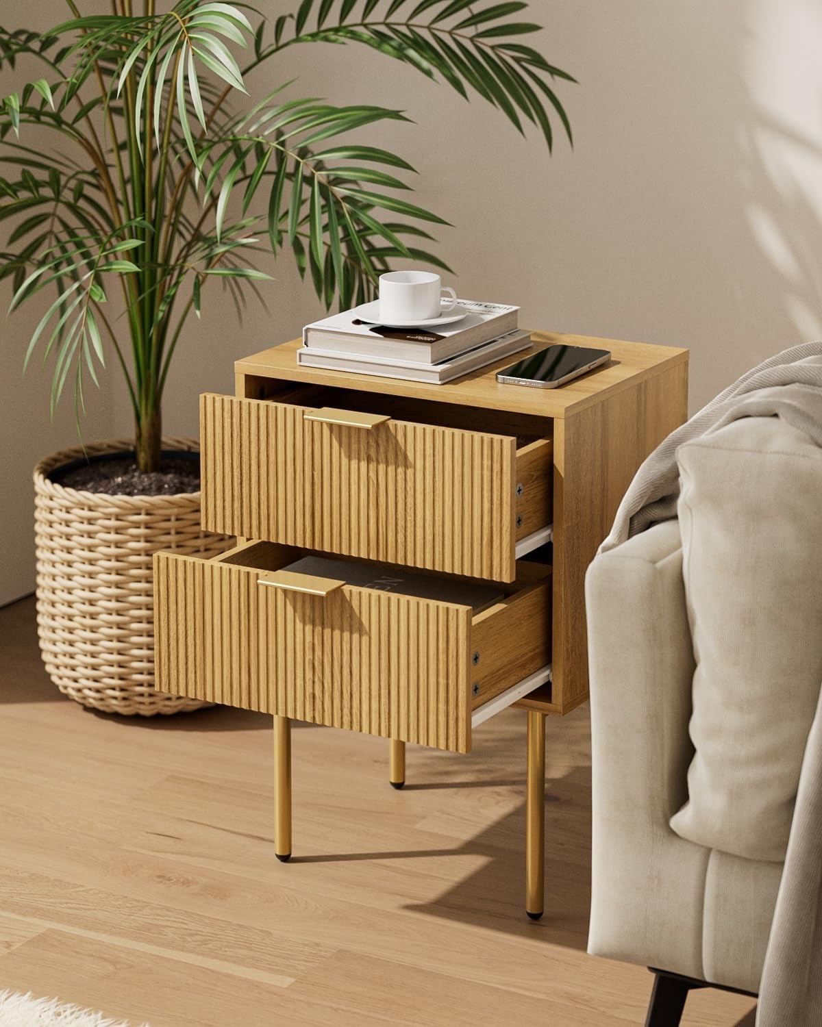 Modern Oak Bedside Table with 2 Drawers & Gold Legs | Wooden Nightstand