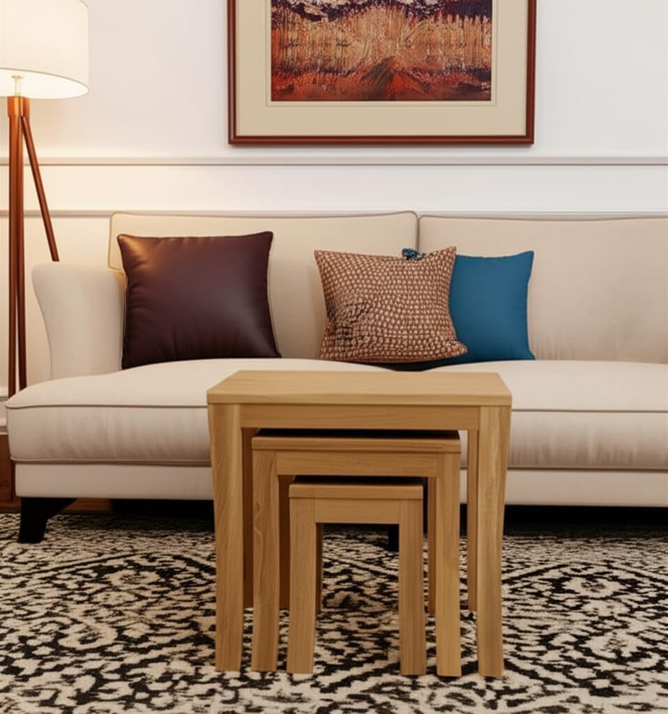 Oak Wood Nesting Coffee Tables Set 3 Curved Legs Rectangular Living Room Home
