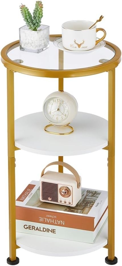 Small Round Glass Side Table with 3-Tier Storage, Tempered Glass & Gold Trim