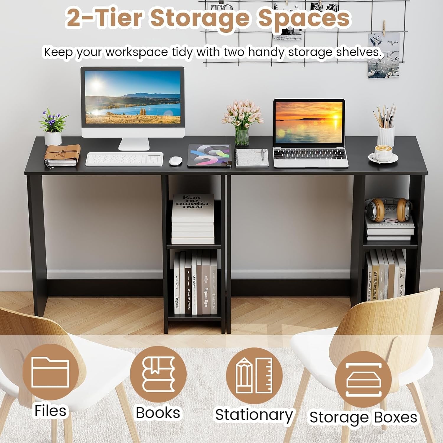 Compact Computer Desk with Shelves Small Space Home Office Laptop  Black