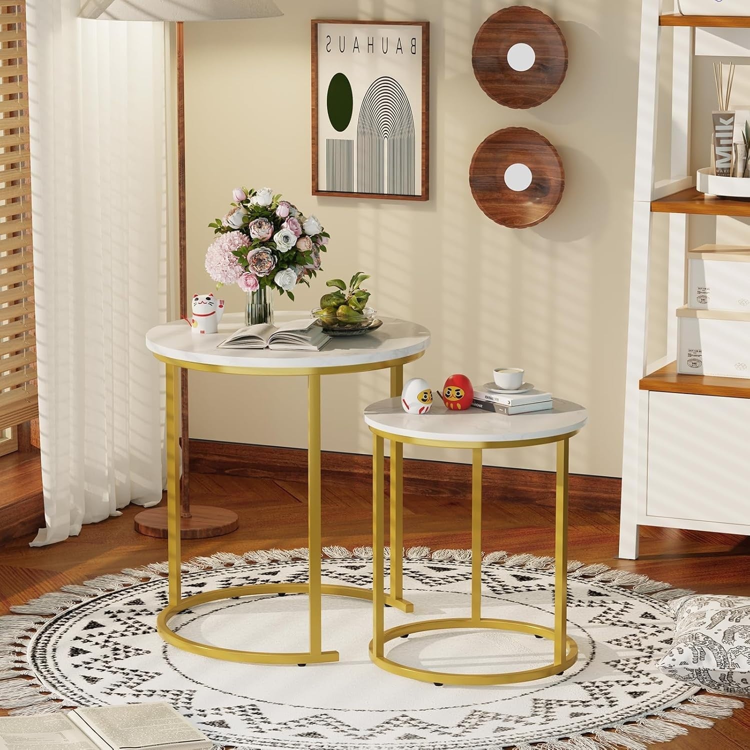 Gold Nesting Coffee Table Set Wood Sled Base Modern Round End Side Storage