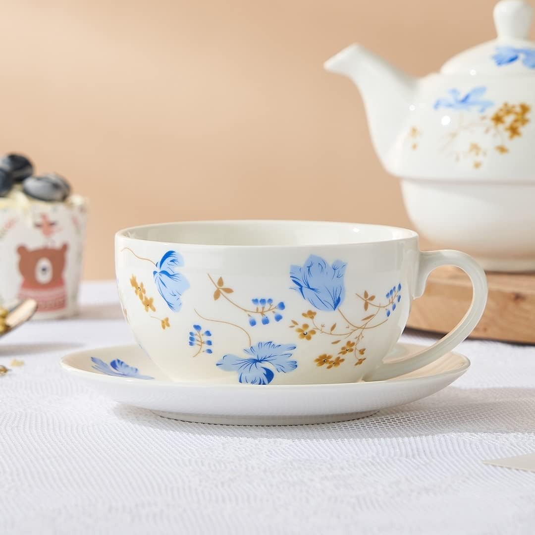 Tea for One Porcelain Teapot Cup Saucer Set Blue Orchid Floral Gift