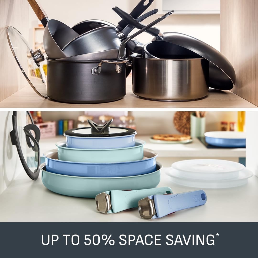 11pcs Blue Non Stick Cookware Set Induction  with Glass Lids & Detachable Handle