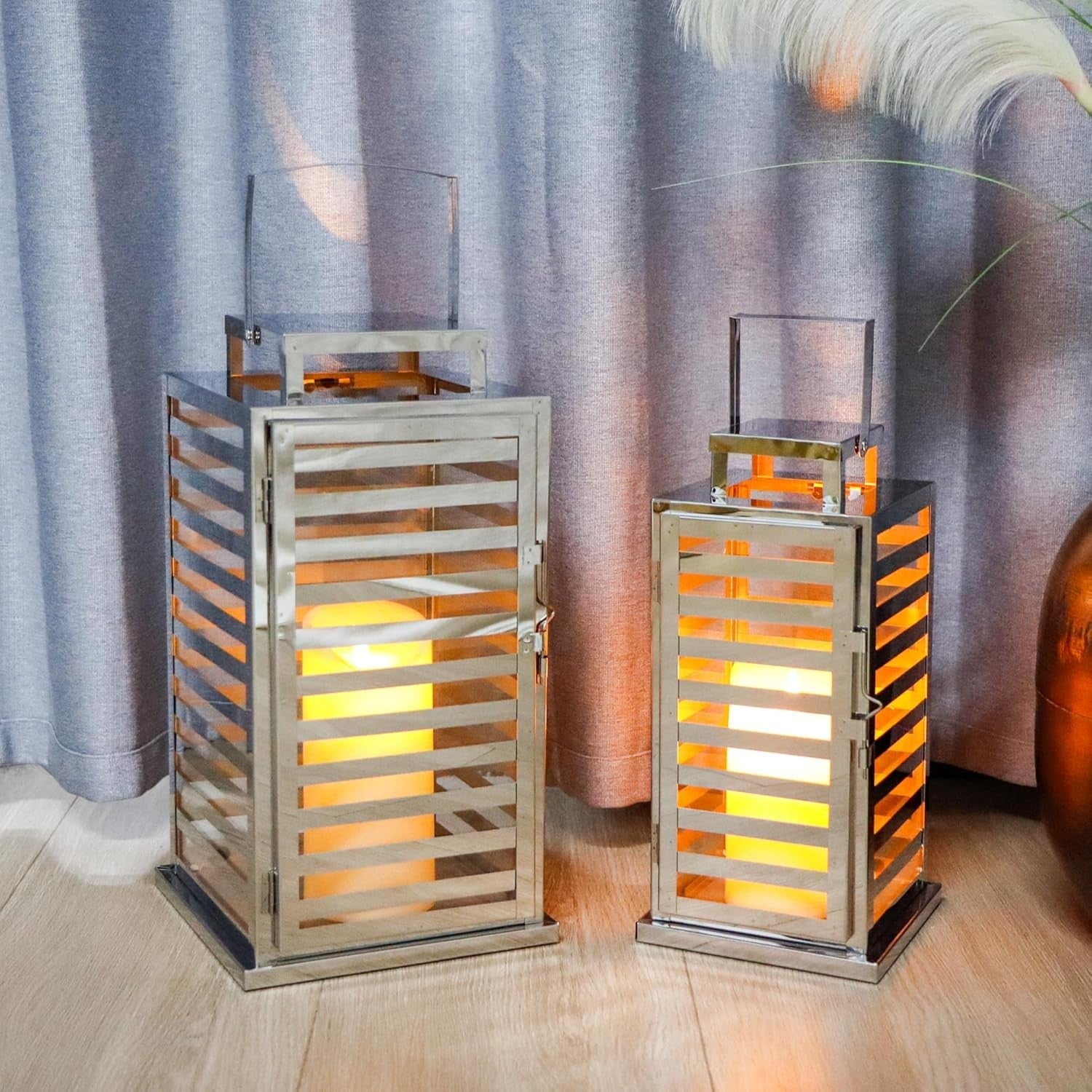 Set of 2 Silver Stainless Steel Candle Lanterns 38 cm