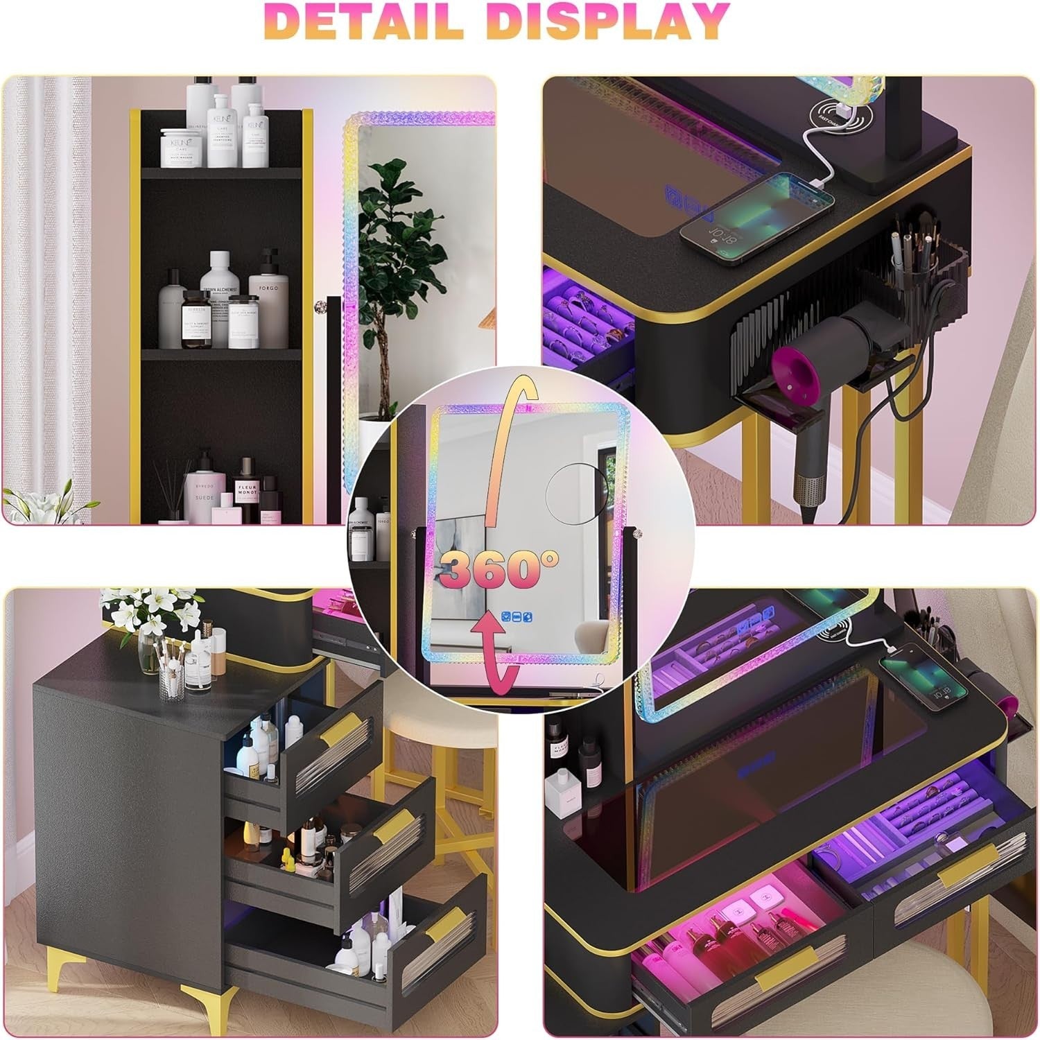 Black Vanity Dressing Table RGB Auto Sensor LED Light Wireless Charging 6 Drawer