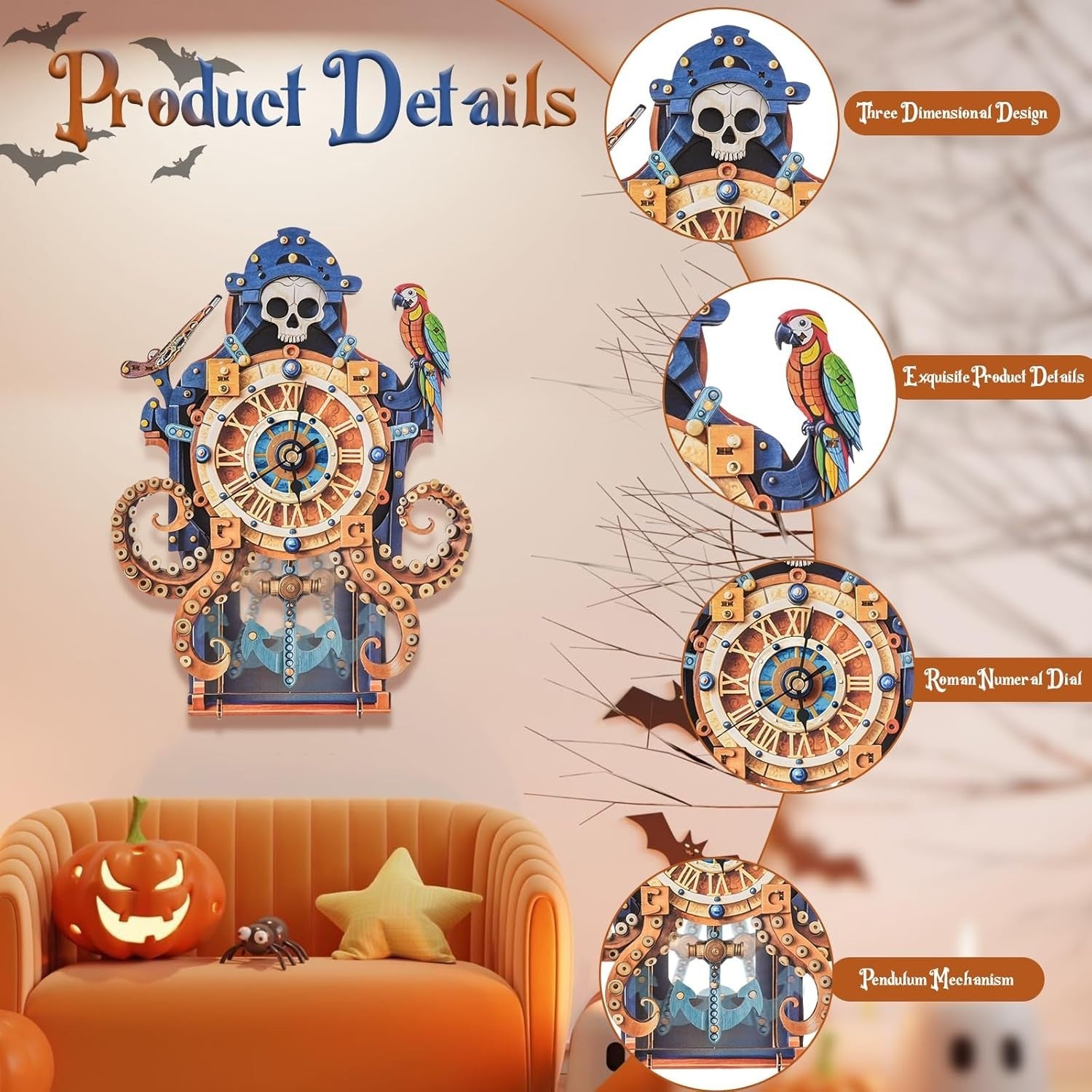 3D Octopus Puzzle Clock Wooden Mechanical Model Kit DIY Art Decor Gift
