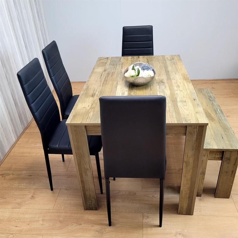 Rustic Dining Table Set with 4 Black Leather Chairs & Bench, 6 Seater