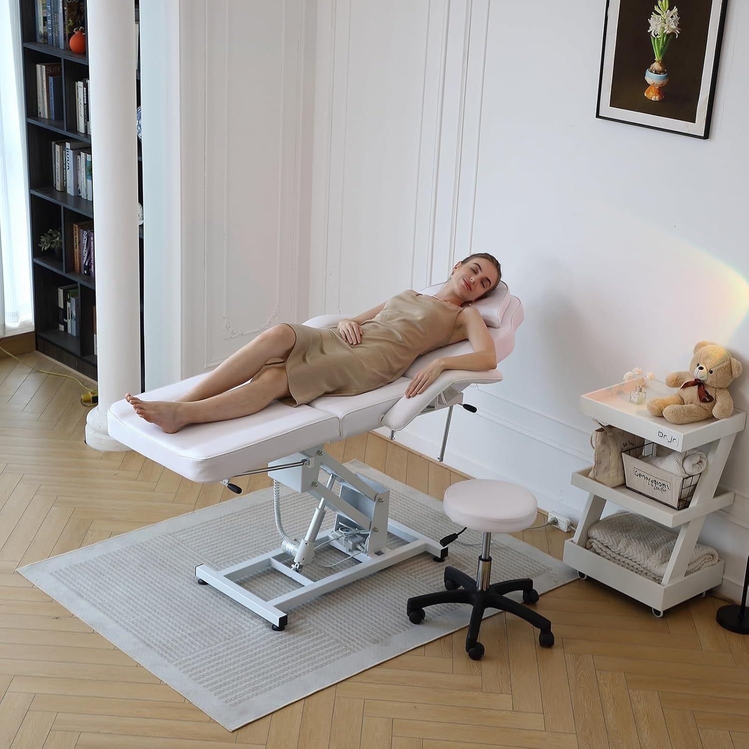 Electric 3-Section Beauty Massage Bed Adjustable Therapy Chair w/ Stool White