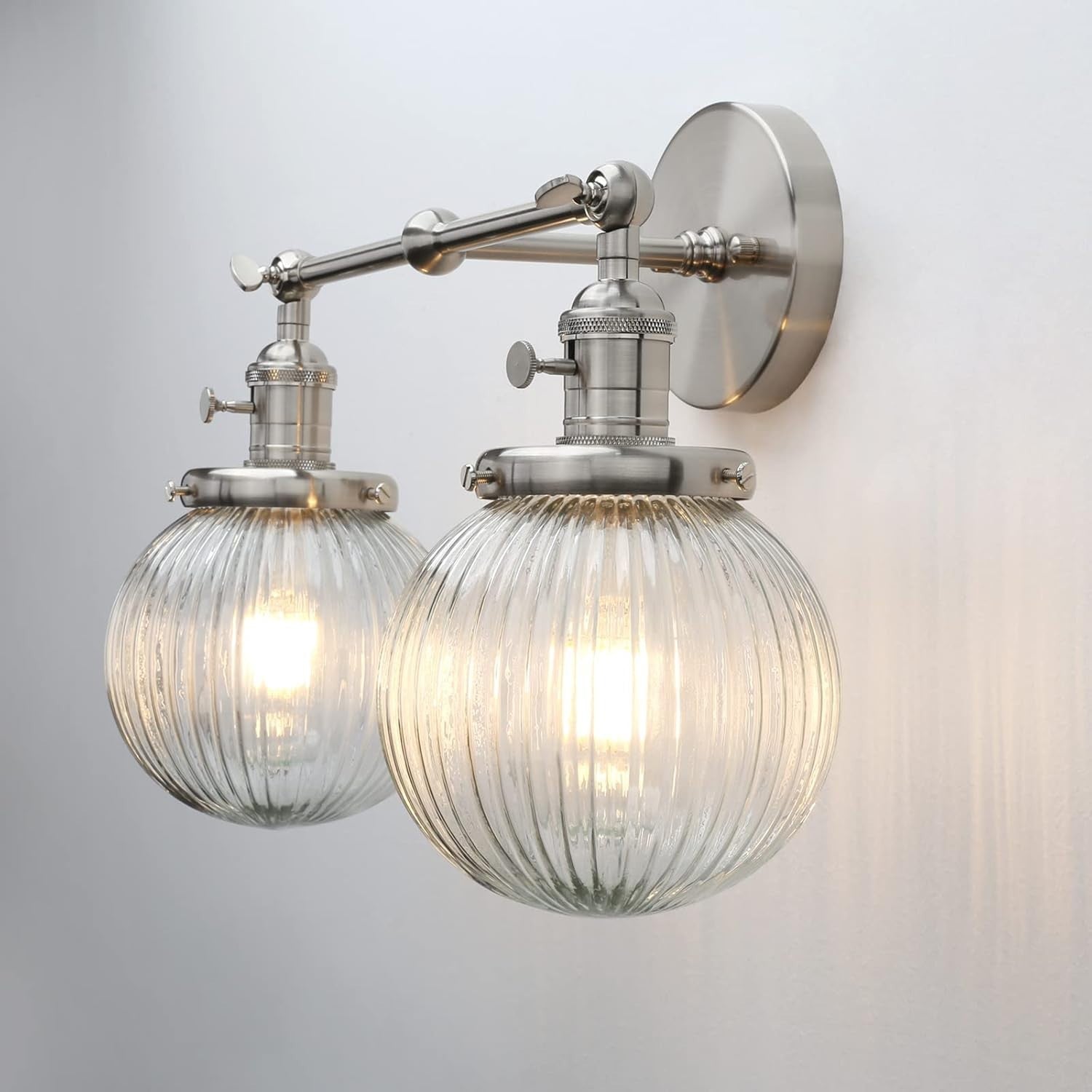 Modern 2-Light Glass Wall Sconce Brushed Metal | Dimmable Bedroom Lamp