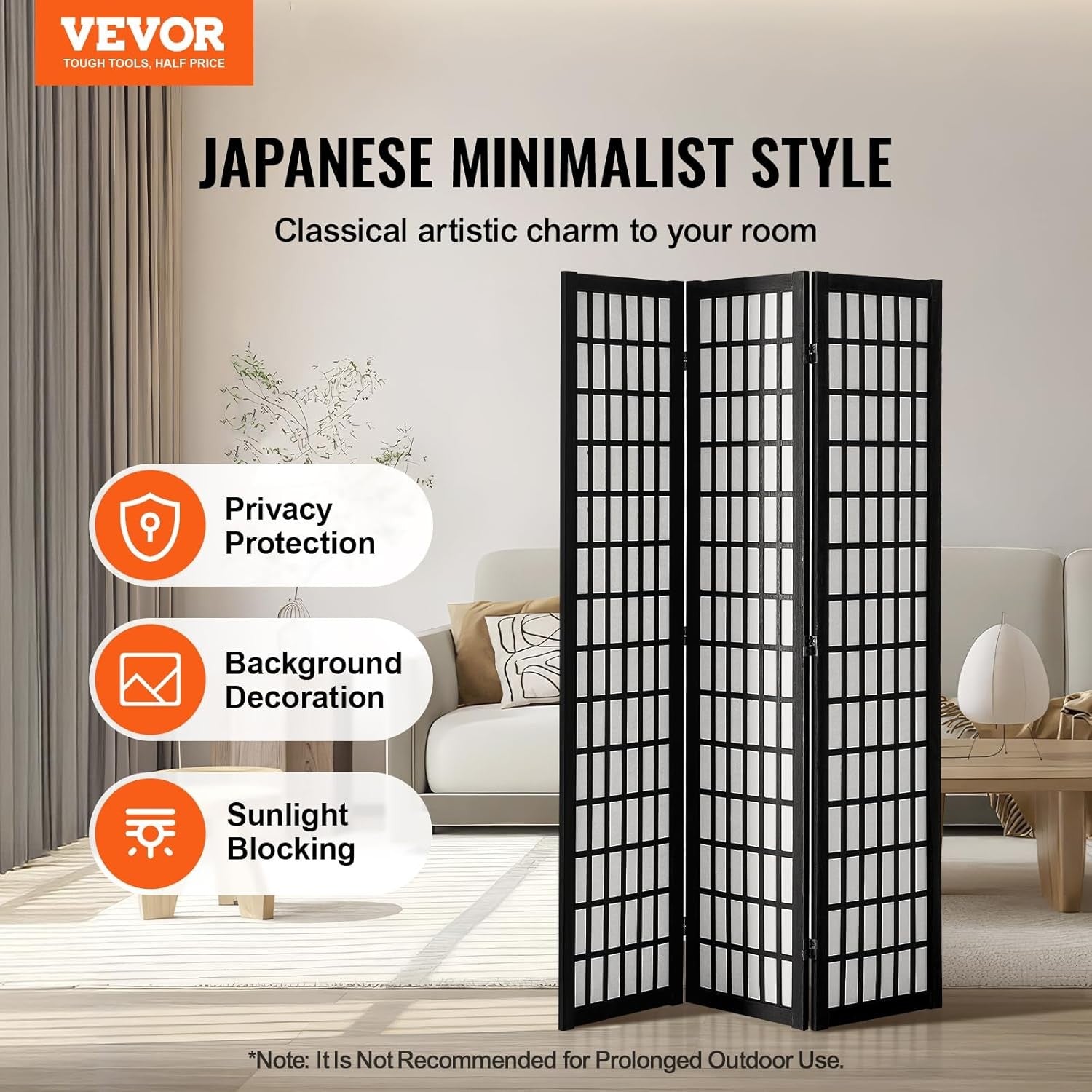 3 Panel Japanese Folding Room Divider Black Wood Privacy Screen 120x170cm