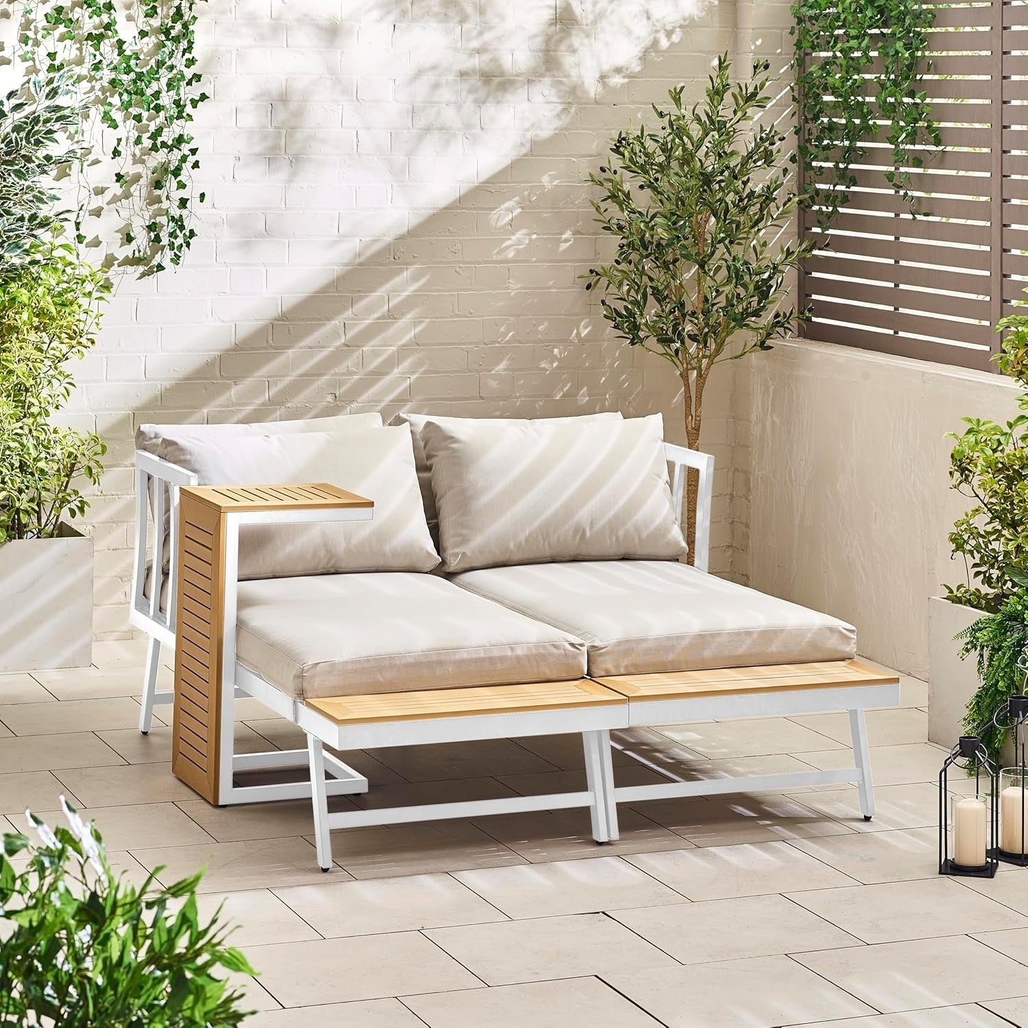 2-Seater Modular Garden Sofa Set White Metal & Rattan with Tables Outdoor