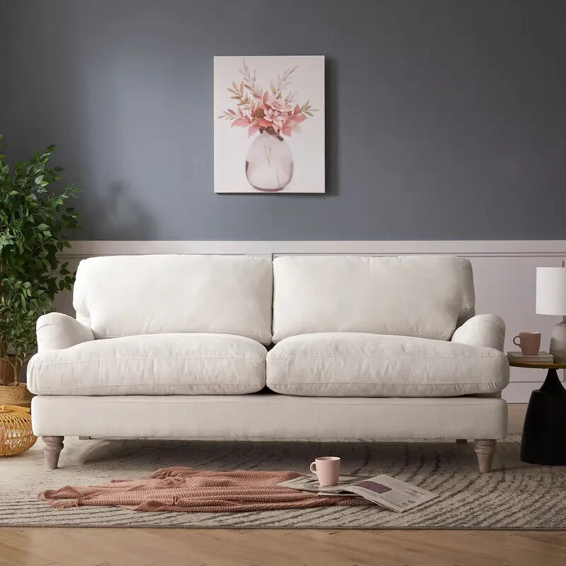 Ivory Linen 3 Seater Sofa Deep Cushions Solid Wood Legs Modern Comfy Couch