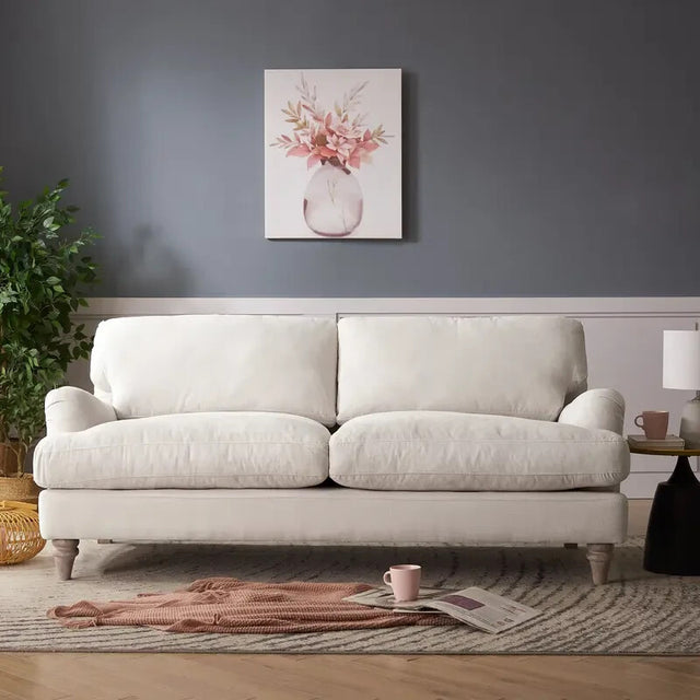 Ivory Linen 3 Seater Sofa Deep Cushions Solid Wood Legs Modern Comfy Couch