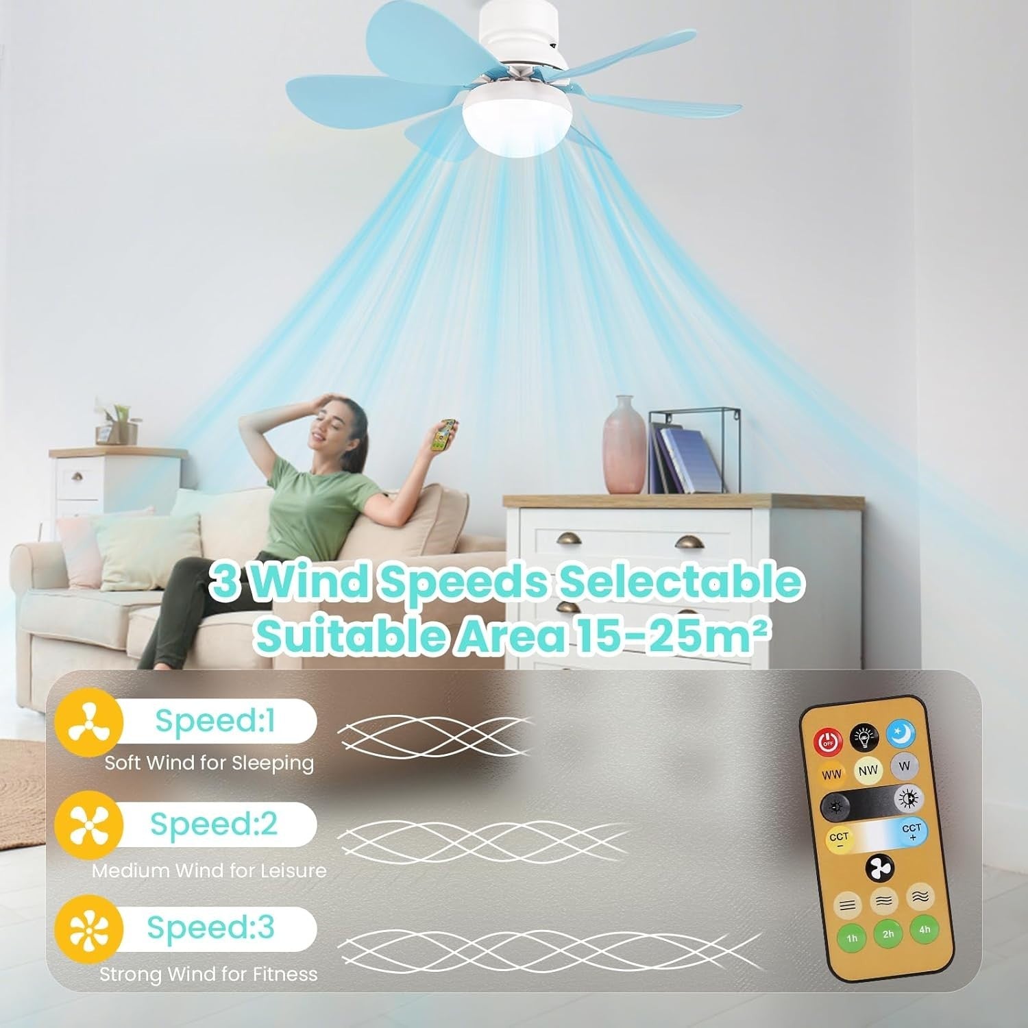 30W Ceiling Fan with Lights Dimmable 6 Blades 3 Colors 3 Speeds Blue
