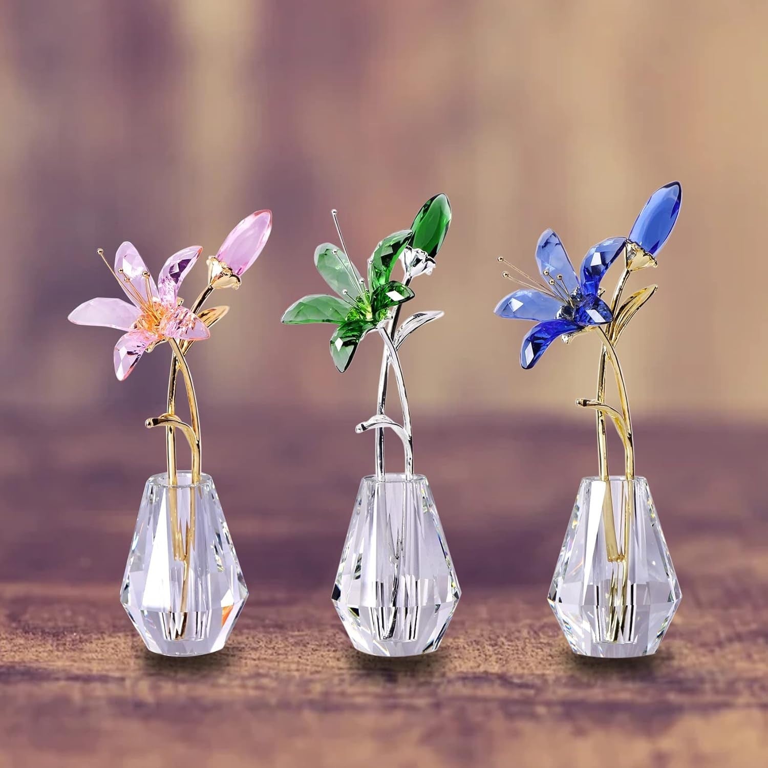 Crystal Lily Flower Ornament Blue • Luxury Glass Vase Figurine • Elegant Floral