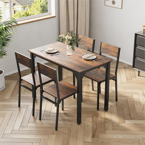 4-Seater Brown Dining Table & Chairs Set - Metal Frame, Space Saving