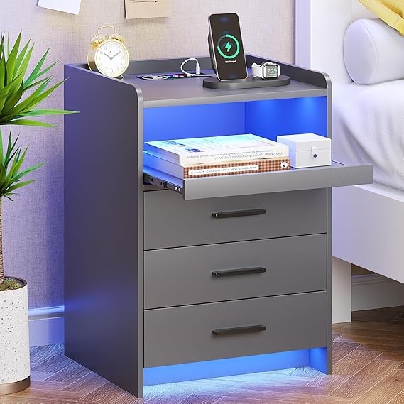 Grey LED Bedside Table with Charging Station, 3-Drawer Modern Nightstand Storage