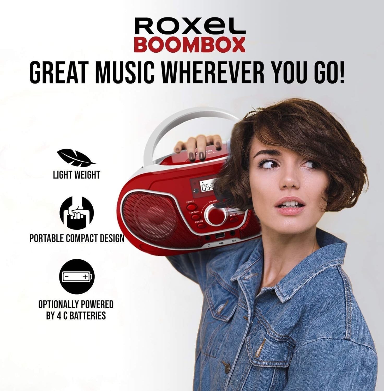 Red Portable Boombox CD Player FM Radio USB AUX Bluetooth Remote