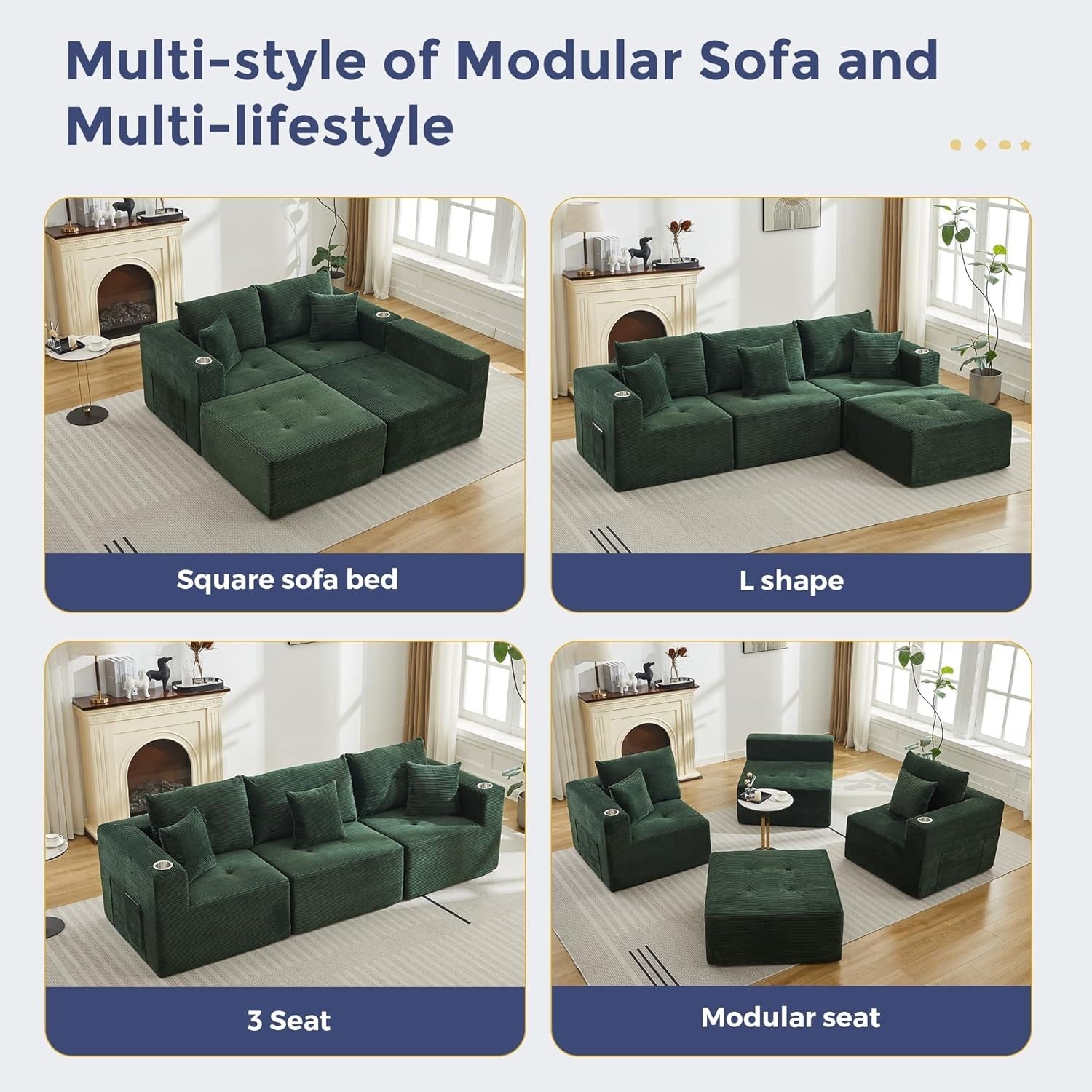 L-Shaped Modular Corner Sofa with Cup Holder Deep Memory Foam Seat